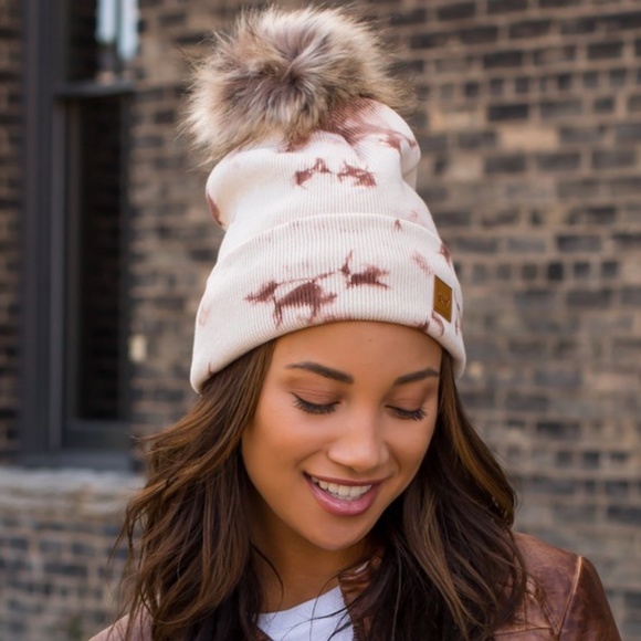 Accessories - SOLD OUT Tan Hand Dyed Tie Dye Pompom Knit Hat Winter Women's Casual Beanie